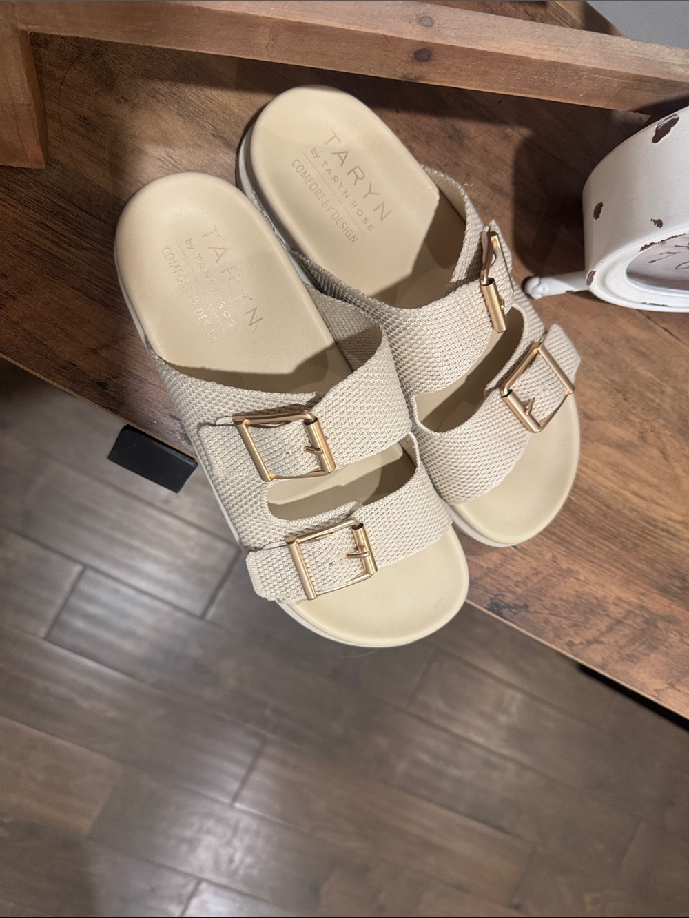 Taryn Rose Neutral Beige Double-Buckle Slide Sandal